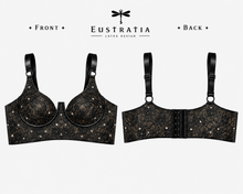 Styling of the deluxe curvy cup latex-lace bra showing its structured form