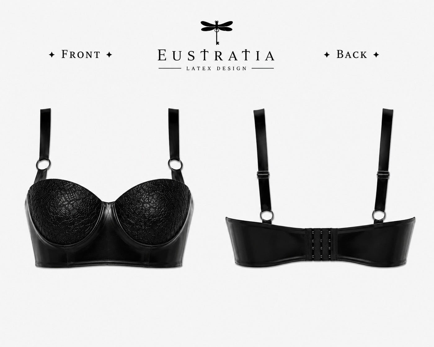 Styling of the feminine latex balconette bra with signature latex-lace cups