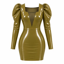 Gigot sleeve latex mini dress in olive, square neck with sheer plunge panel and pleated leg-of-mutton sleeves