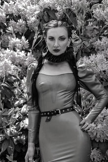 Eustratia olive latex mini dress with ruched puff sleeves and sheer illusion plunge panel