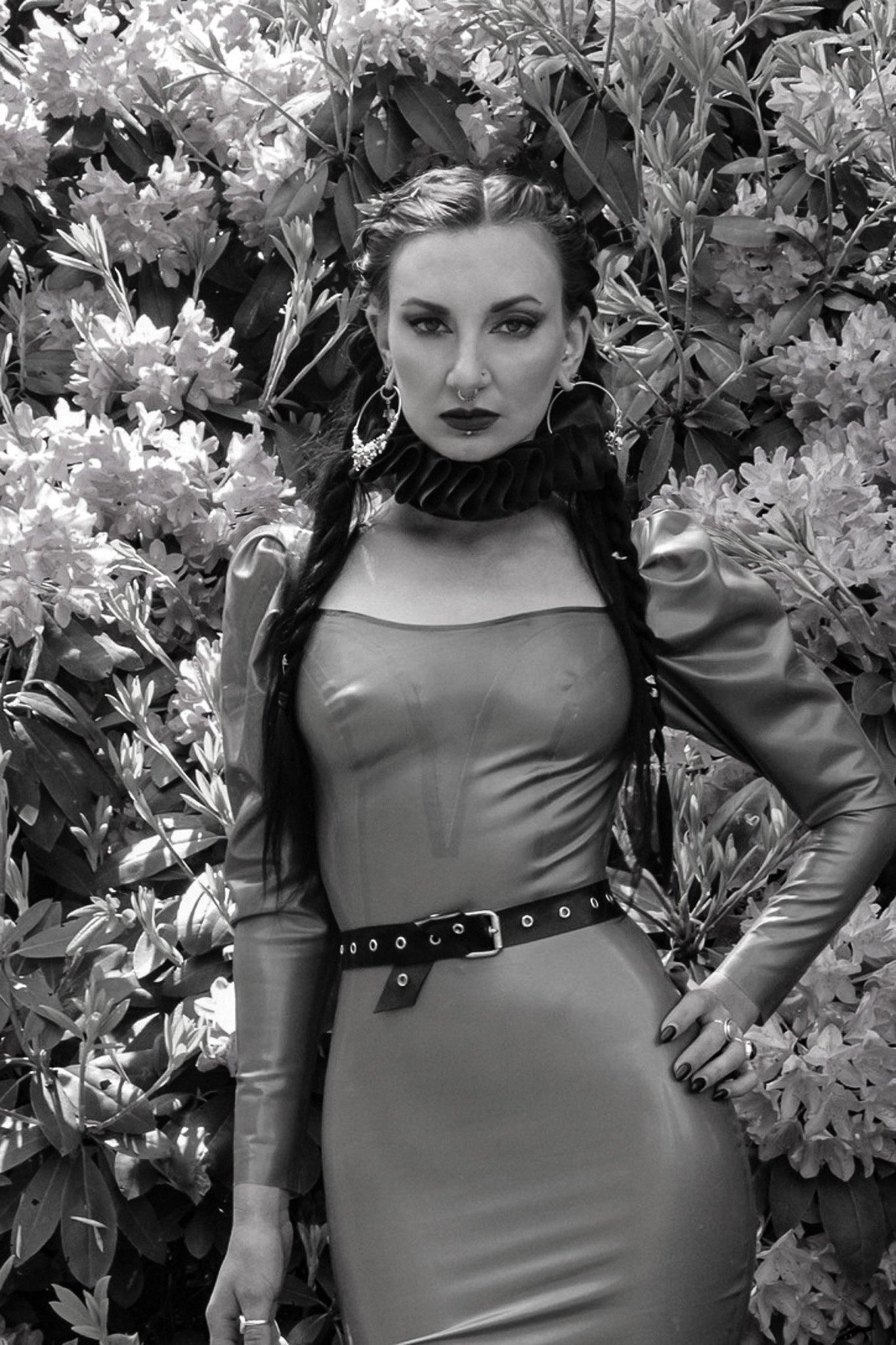 Eustratia olive latex mini dress with ruched puff sleeves and sheer illusion plunge panel