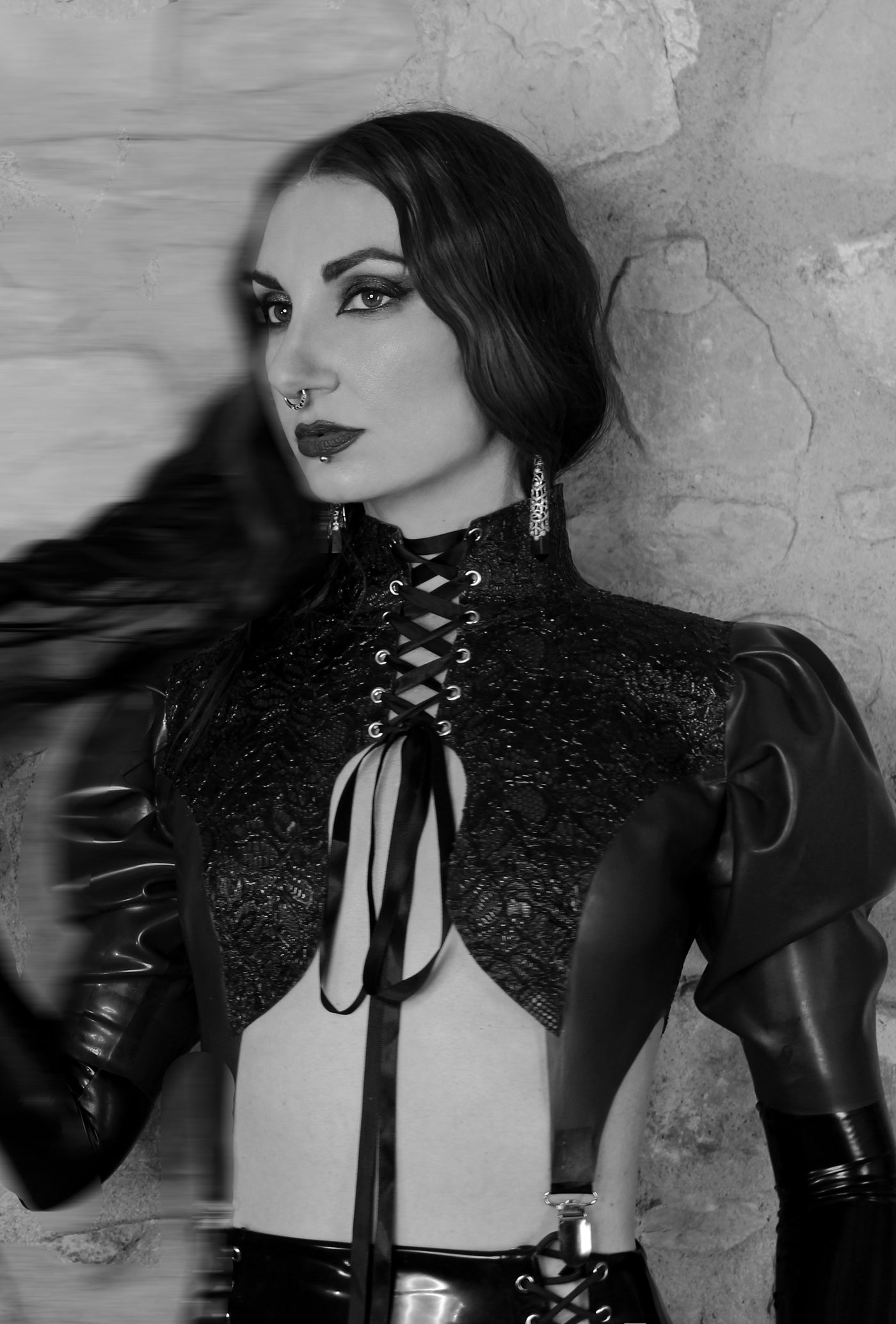 Eustratia Lilith latex-lace suspender top with high neck and front lace-up closure