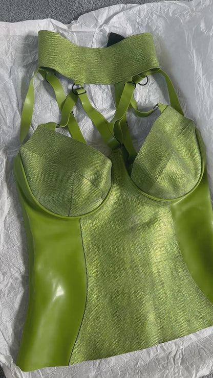 Green glitter-mesh latex bustier, size M, ready to ship