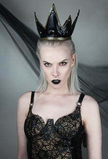 Eustratia dark queen latex crown with wire frame, contrast appliqué and gold and silver studs