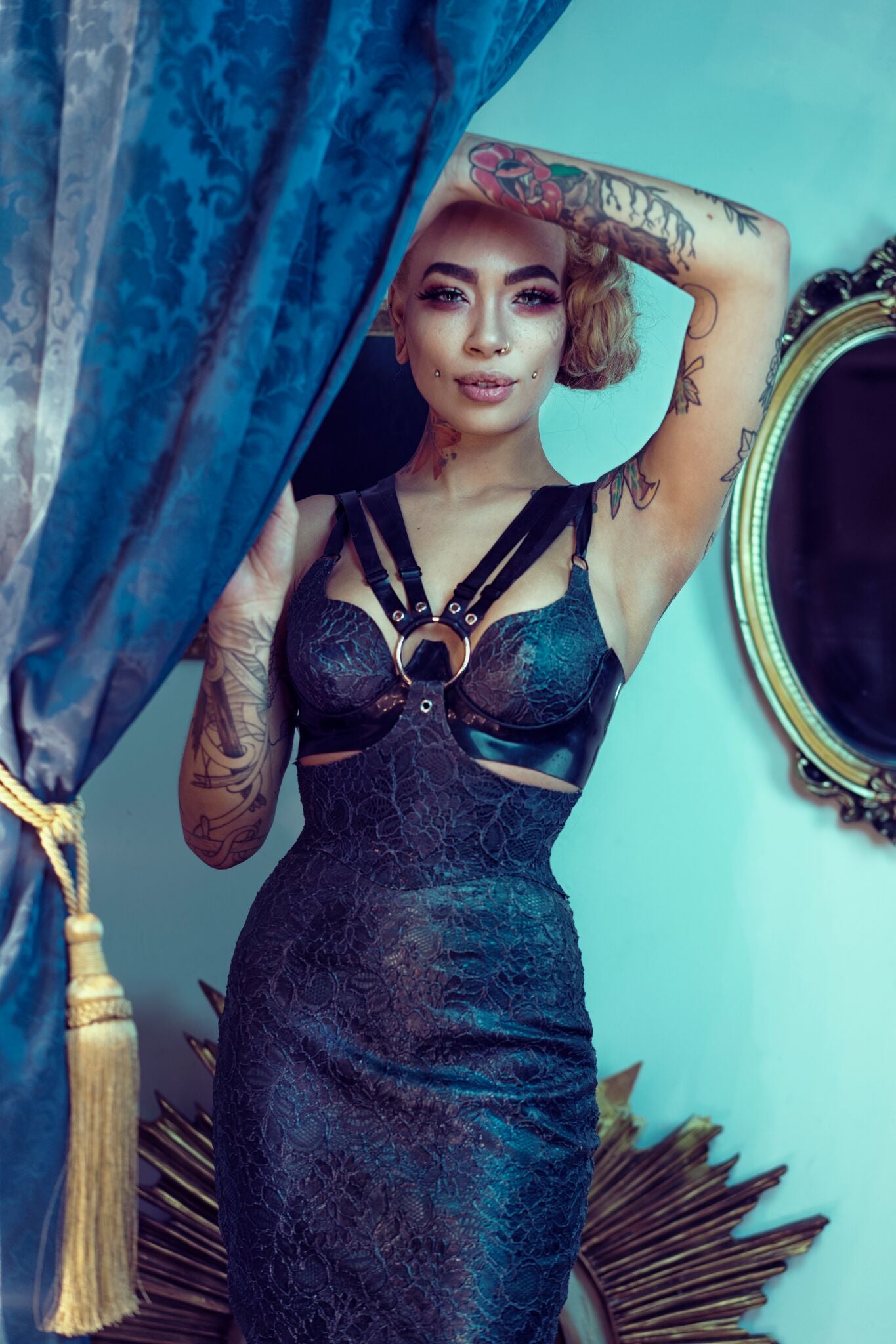 Eustratia latex-lace cincher harness dress, underbust pencil style with adjustable straps