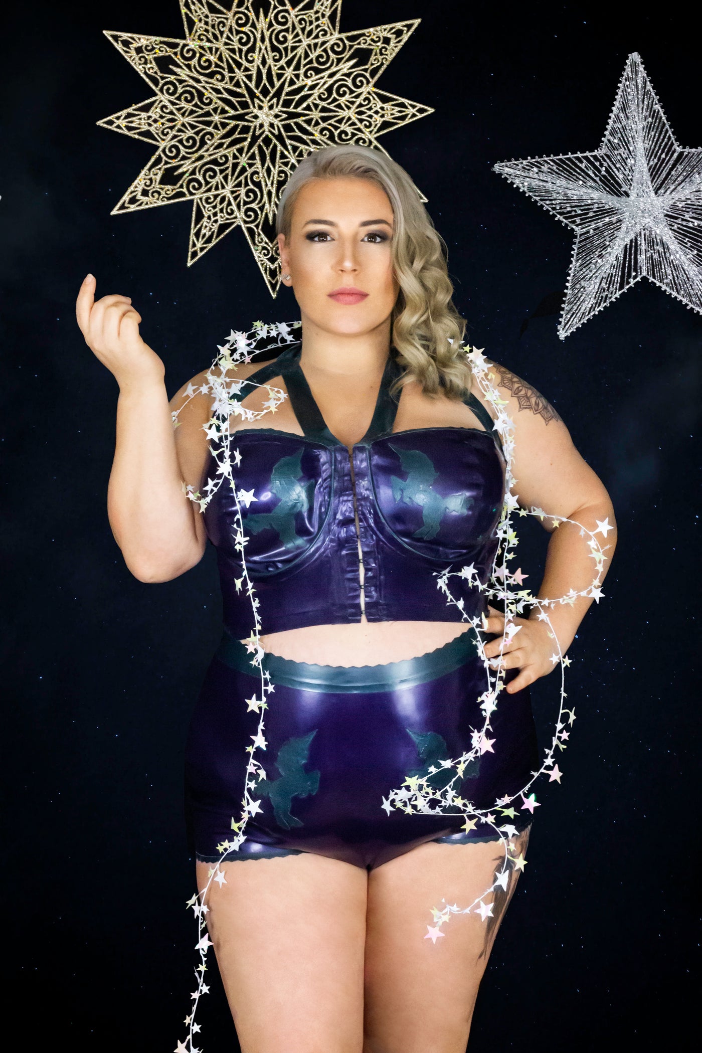 Eustratia plus size high waisted latex unicorn briefs with scalloped edge waistband and trim