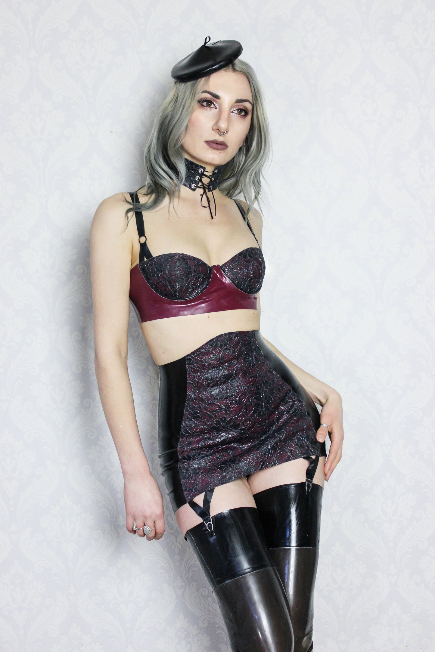 Latex-lace cup balconette bra