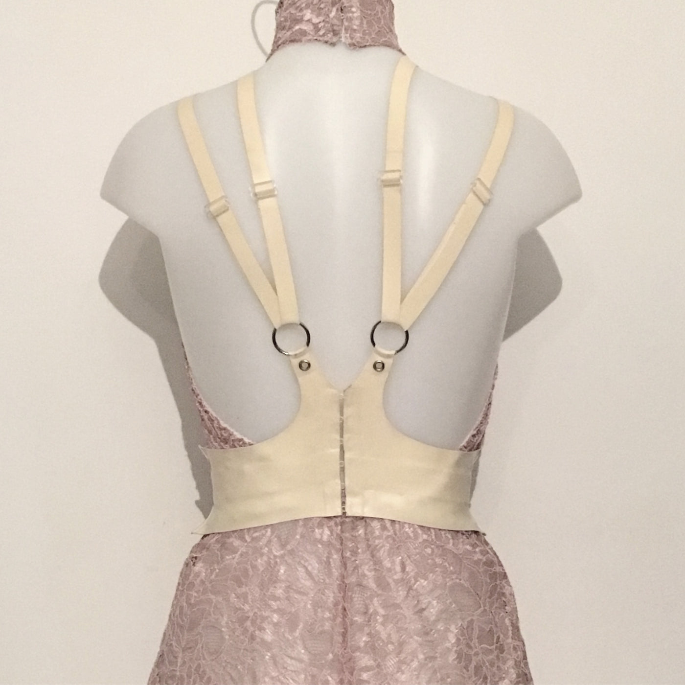 Close detail of the hook and eye back fastening on the latex cincher harness