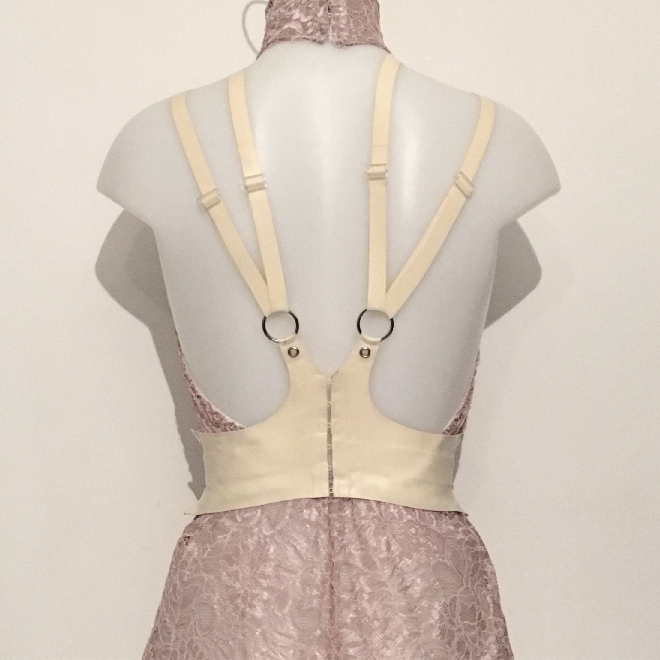 Close detail of the hook and eye back fastening on the latex cincher harness