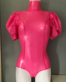 Close detail of the long back zip on the latex puff sleeve bodysuit