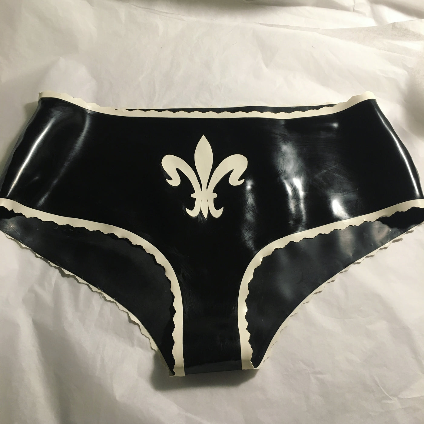 Eustratia Fleur de Lys latex mini briefs with scalloped contrast trim and fleur de lys appliqué