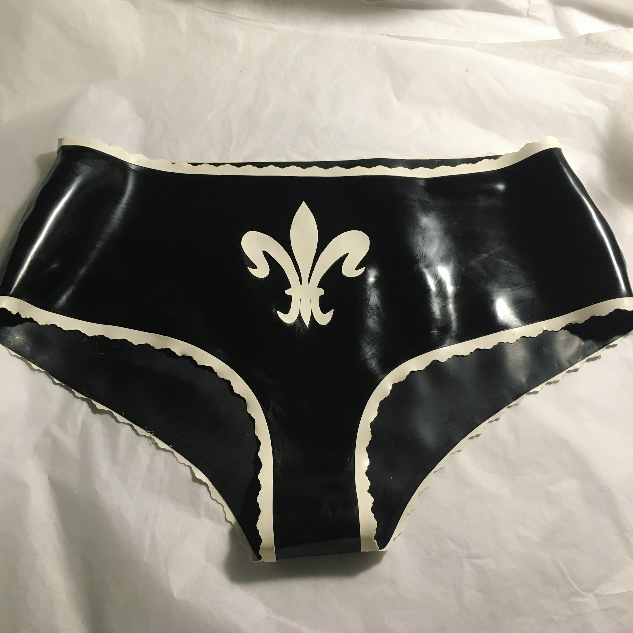 Eustratia Fleur de Lys latex mini briefs with scalloped contrast trim and fleur de lys appliqué