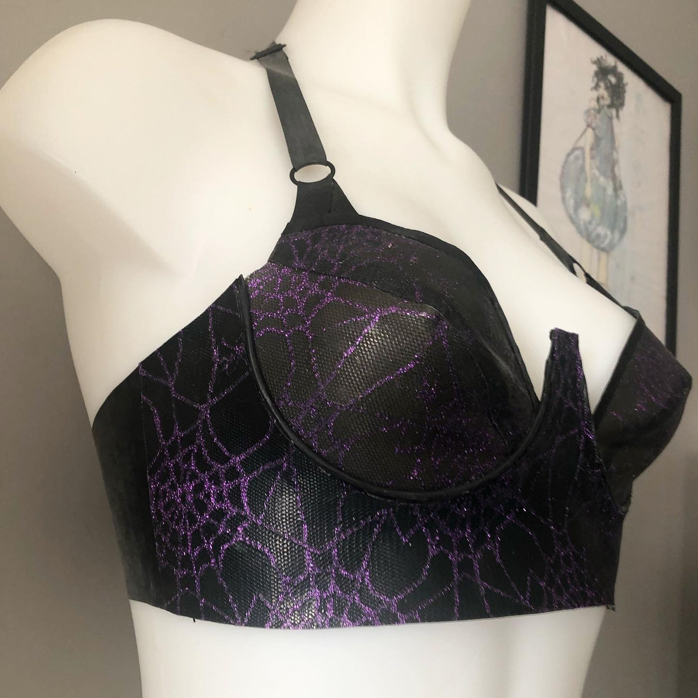 Eustratia spiderweb mesh latex plunge halter bra with underwires and adjustable strap