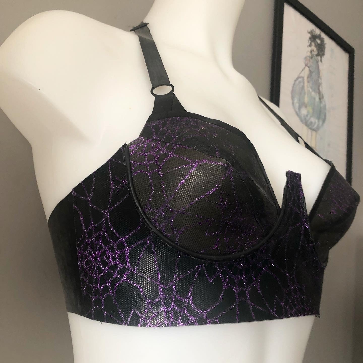 Eustratia spiderweb mesh latex plunge halter bra with underwires and adjustable strap