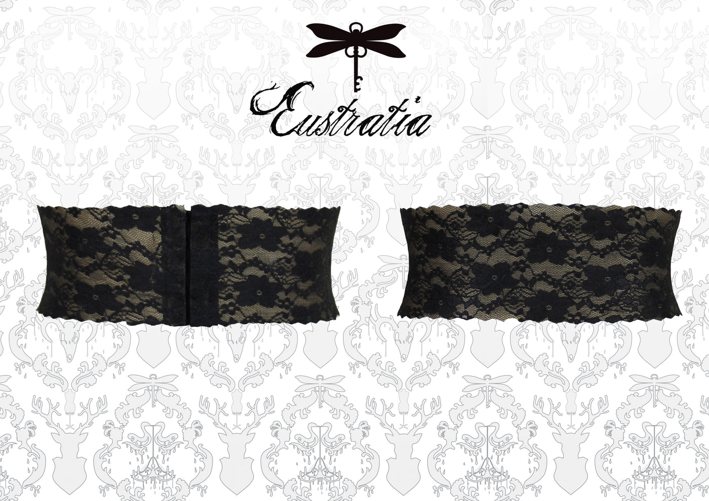 Texture detail of the translucent latex-lace on the wide waist belt