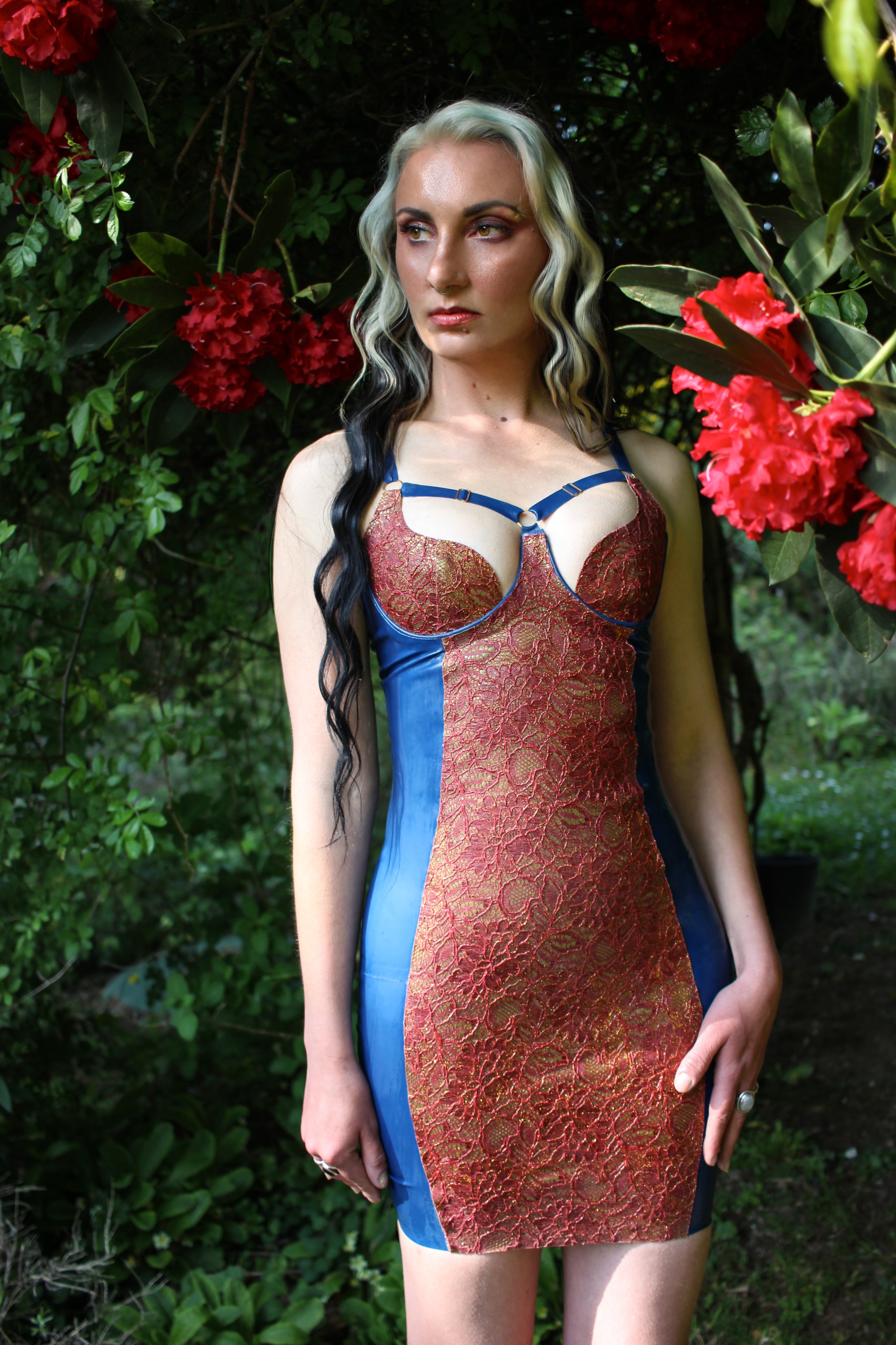 Eustratia latex-lace panel Lyra dress with signature latex-lace cups, harness straps and zip