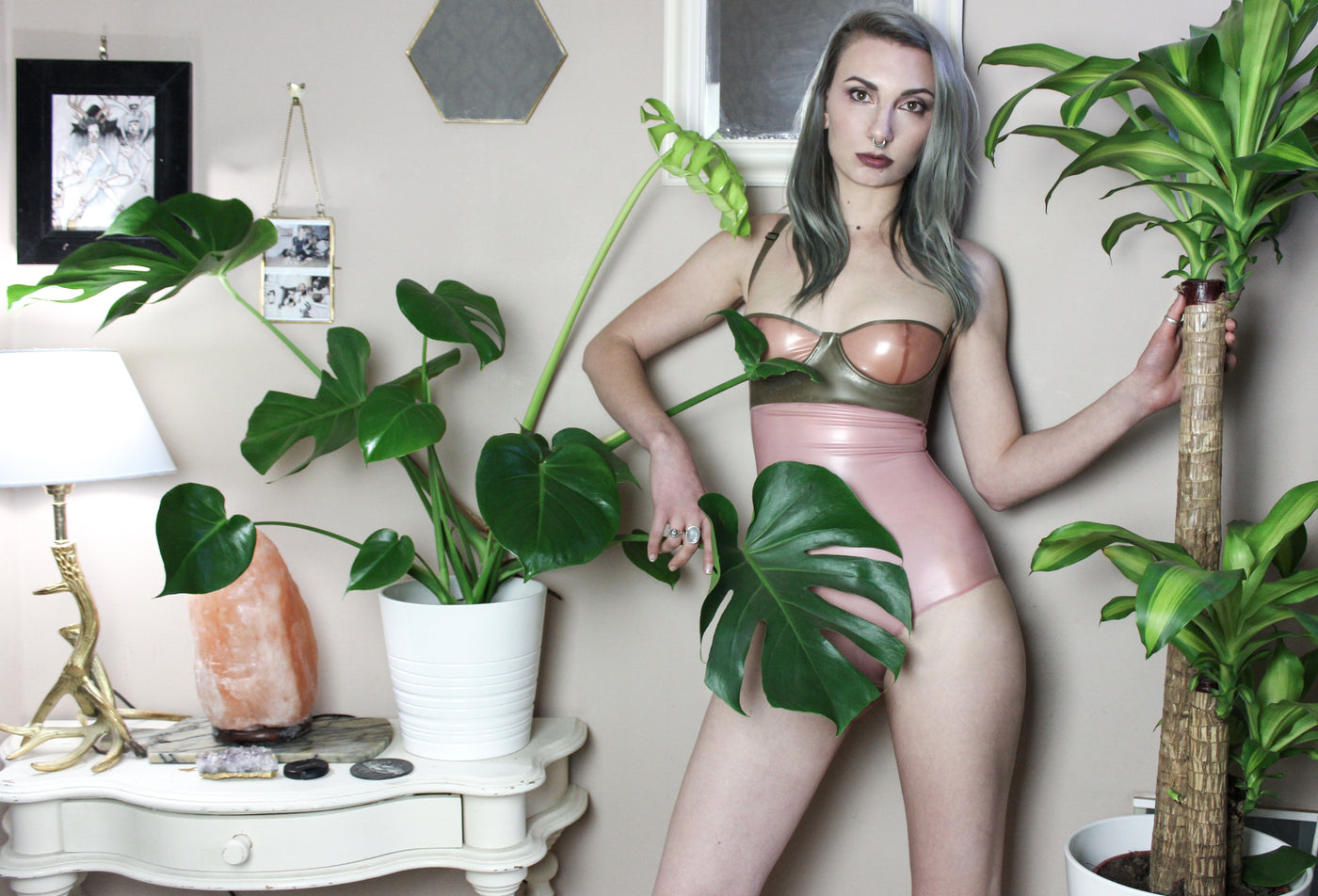 Eustratia latex balconette bra with glossy vegan latex frame and contrast coloured cups