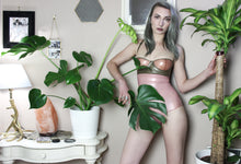Eustratia latex balconette bra with glossy vegan latex frame and contrast coloured cups