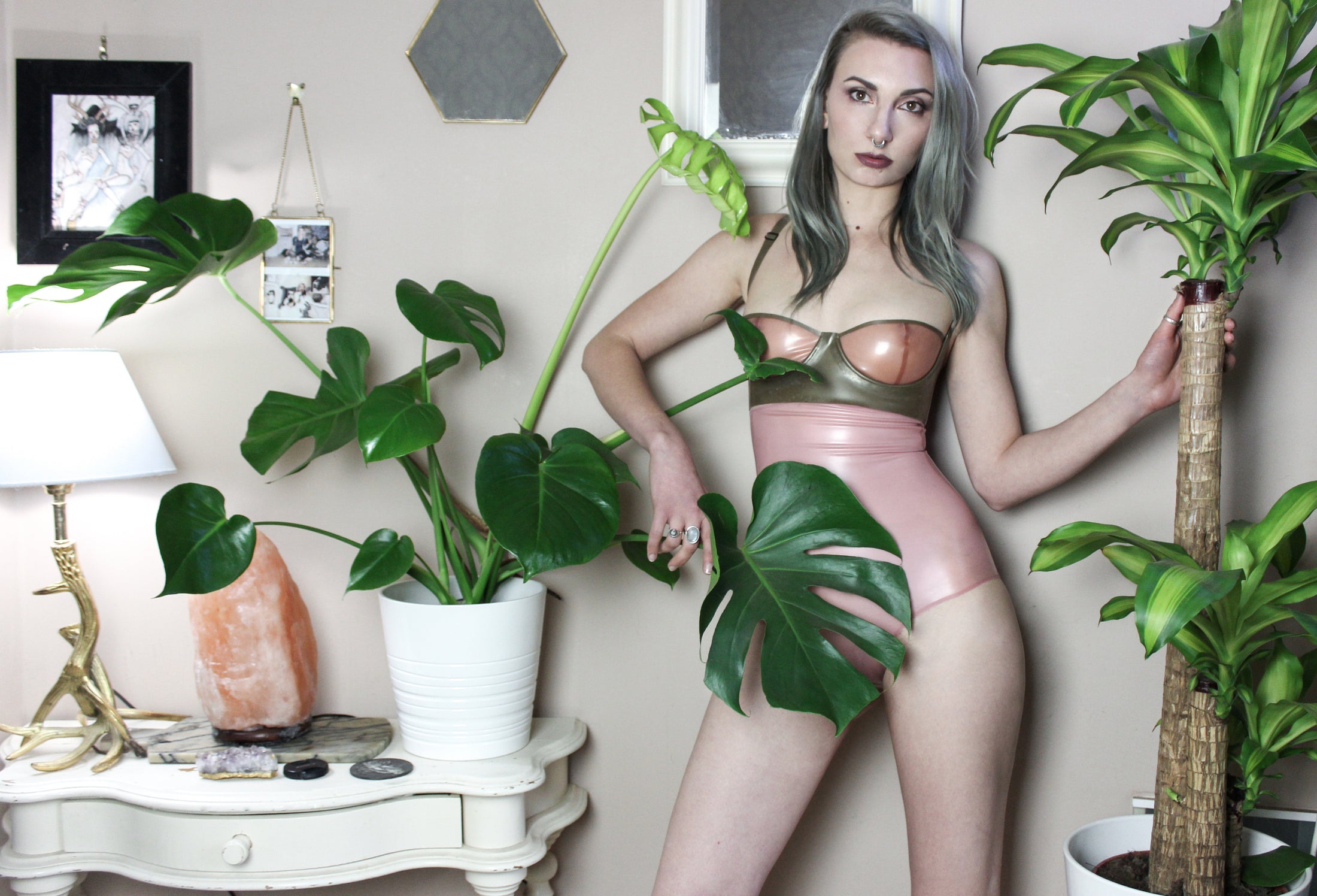 Eustratia latex balconette bra with glossy vegan latex frame and contrast coloured cups