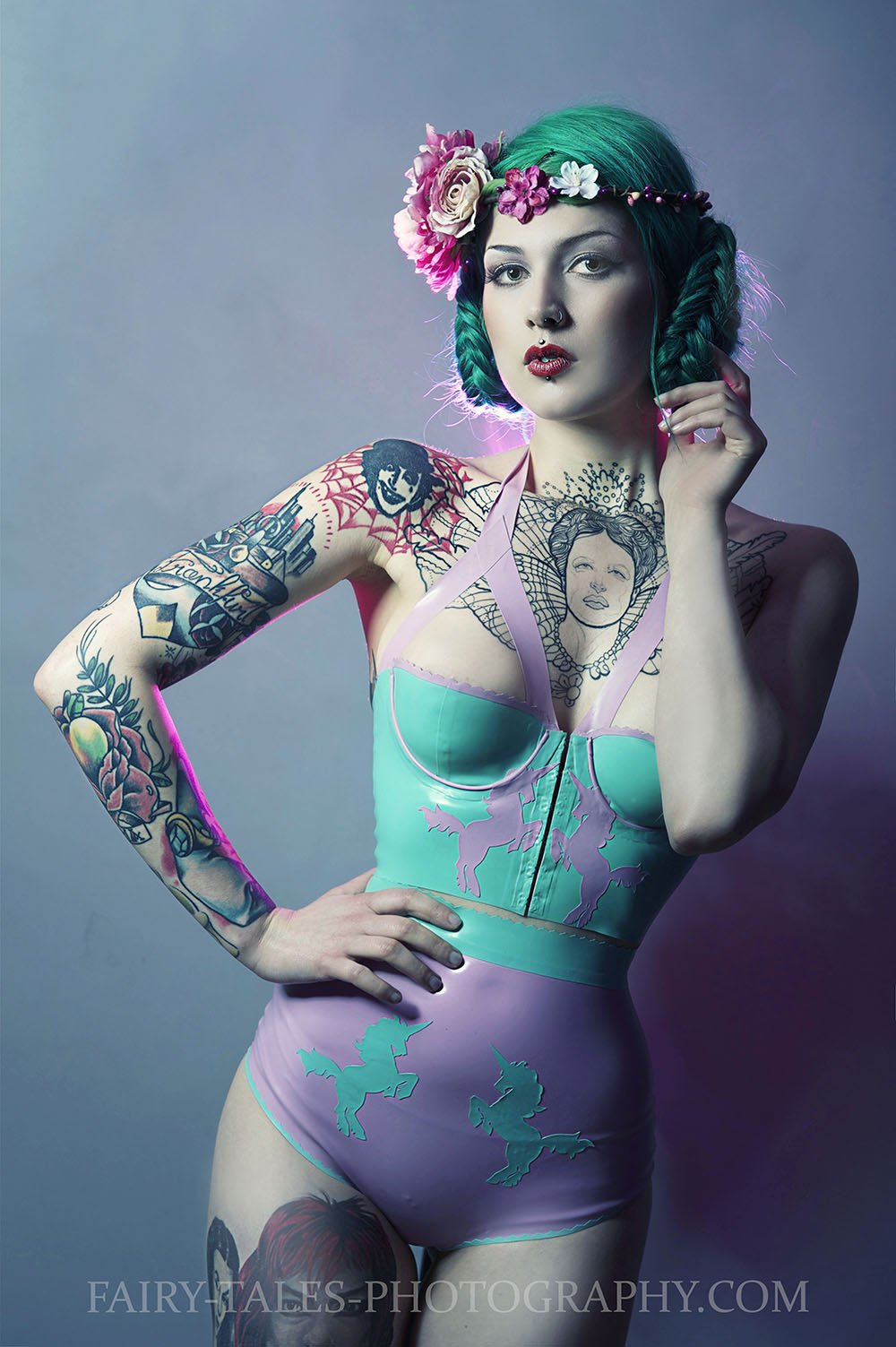 Eustratia longline unicorn latex bra with contrast harness straps and applique