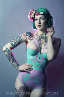 Eustratia longline unicorn latex bra with contrast harness straps and applique